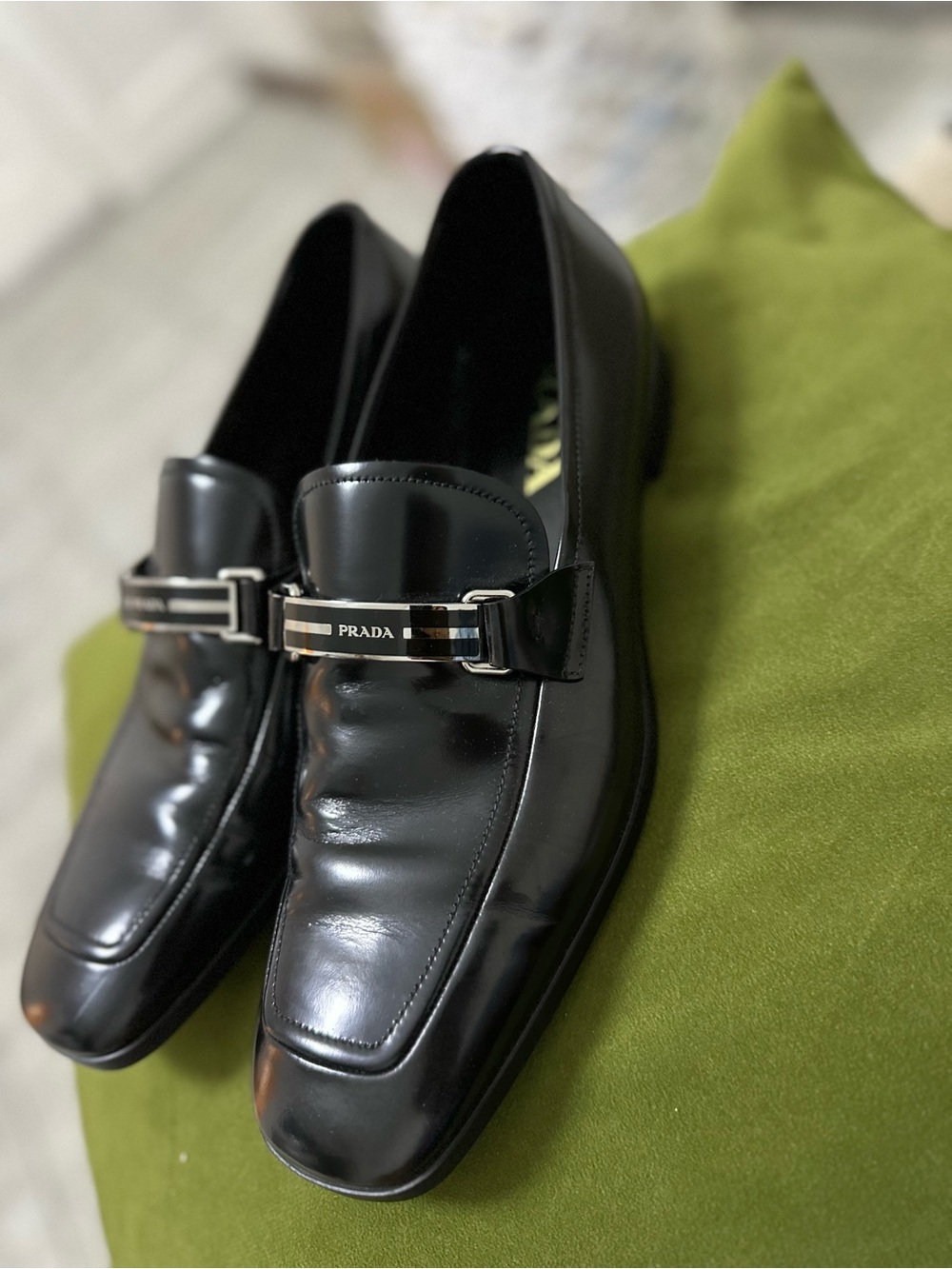 Prada Black Patent Leather Slip-On Loafers with Logo Bar - Picture 3 of 9